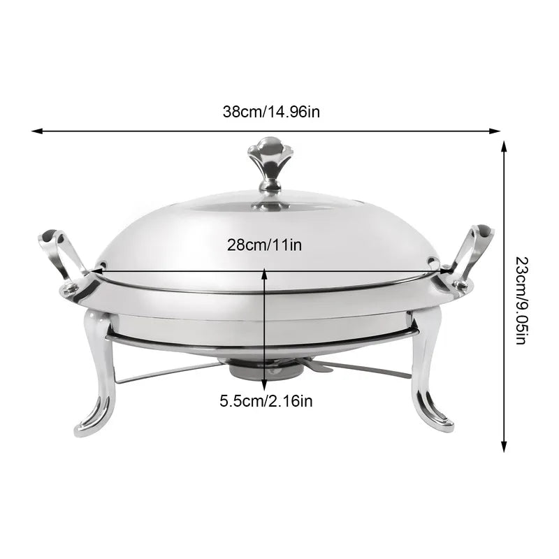 Dish Stainless Steel Cooking Round Buffet Warmer Tray Durable Frame with Lid Fuel Holder Cookware Set
