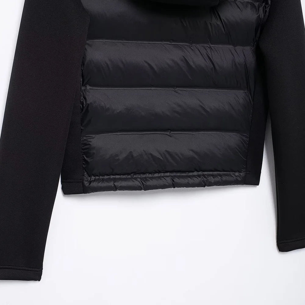 Hooded Patchwork Padded Jacket Coat with Pockets for Women, Long Sleeve, Front Zipper, Female Outerwear, Chic Tops, Fashion