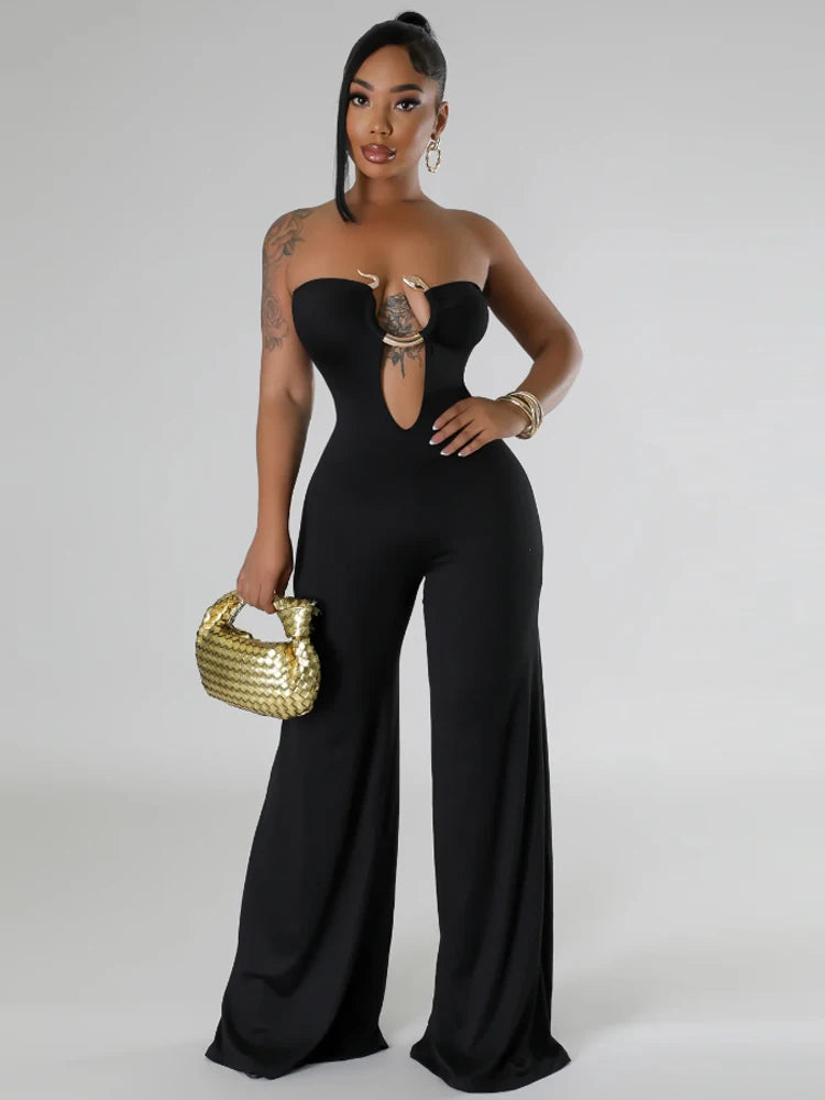 Beyprern Fashion Off Shoulder Snake Metal Jumpsuits One Piece Outfits Beautiful Strapless Hollow Out Wide Leg Rompers Overalls