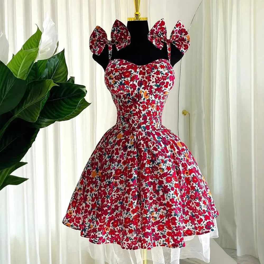 Elegant Floral Print A- Line Mini Dress with Bow Knot High Waist Slimming for Women Spring Season Fashion Casual Skirt