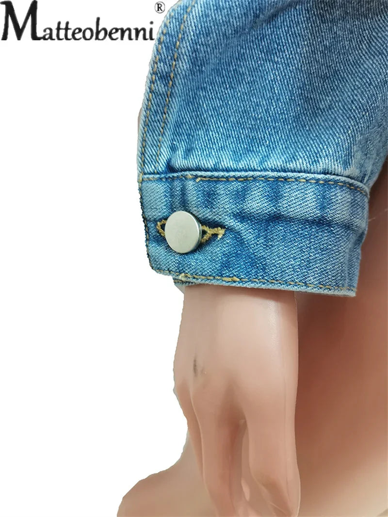 Fashion Broken Holes Long Sleeve Short Denim Jacket Ladies Trend Streetwear Casual Outerwear Women's Double Button Splicing Coat