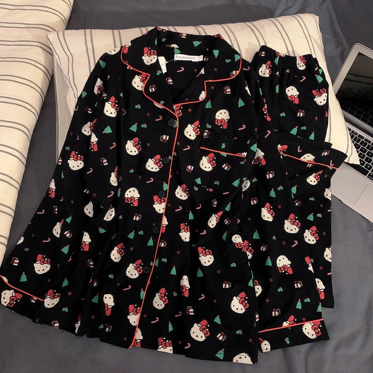 2Pcs/Set Christmas Hello Kitty Pajama Set Anime Cute Woman's Home Wear Cartoon Casual Pajamas Couple Sleep Clothing Loungewear