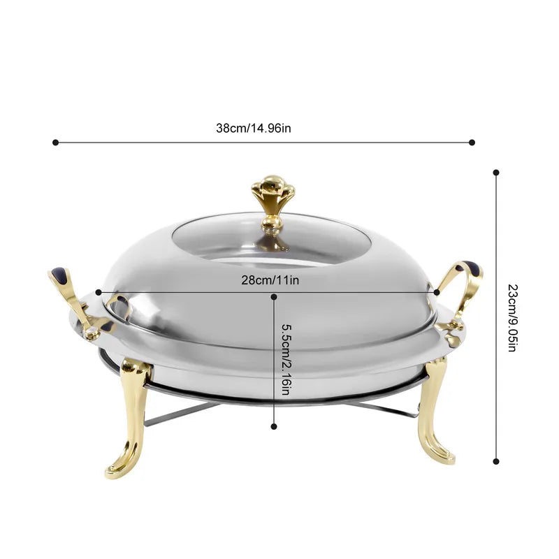 Dish Stainless Steel Cooking Round Buffet Warmer Tray Durable Frame with Lid Fuel Holder Cookware Set