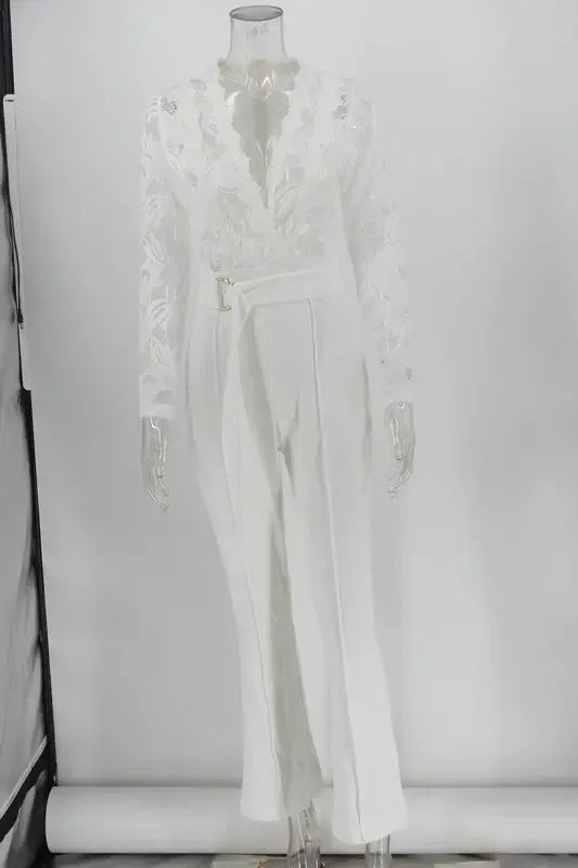 White Jumpsuit Women Overalls Elegant Lace Long One Piece High Waist Feather Y2k Sexy Wedding Party Night Evening Rompers