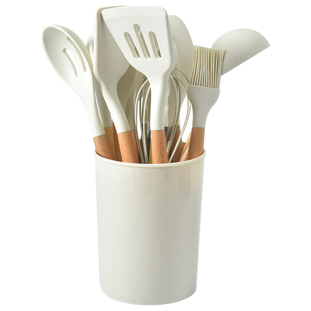 12-teiliges Küchenutensilien-Set Silikon-Spatel-Set Holzgriff Hitzebeständiges Kochgeschirr Spatel Löffel Pinsel Schneebesen für die Küche