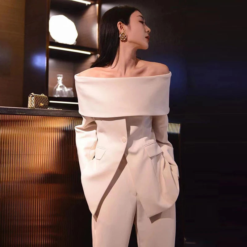 TWOTWINSTYLE Slash Neck Chic Blazers For Women Off Shoulder Long Sleeve Patchwork Single Button Solid Coat Female Clothes 2022