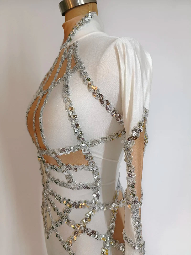 New Sequins Jumpsuit White Stretch Pole Dance Costume Drag Queen Outfit Singer Dancer Performance Wear Adult Clubwear Jumpsuit