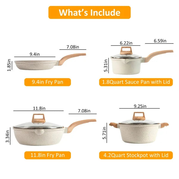 Kitchen Cookware Set Pots and Pans Set White Nonstick Granite Coating Dishwasher Safe Fast Even Heat Induction Frying Pan