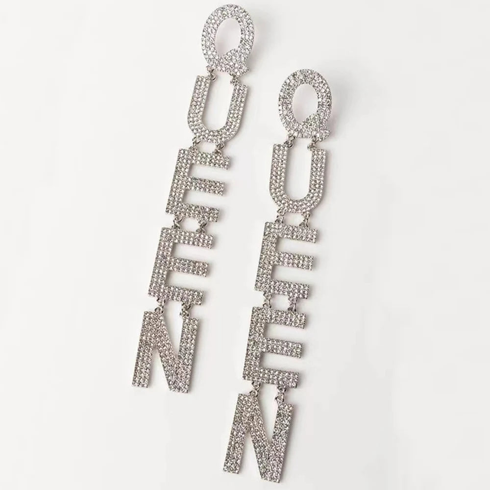 2022 Exaggerated Queen Rhinestone Earrings for Women Fashion Long Letters Pendant Earring Fashion Shiny Party Costume Jewelry