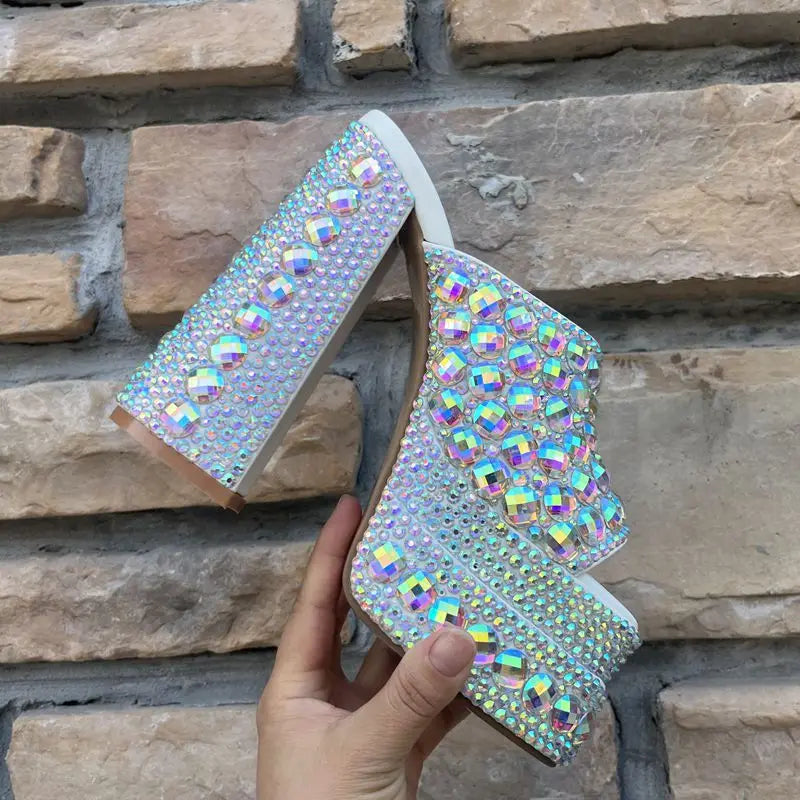 Luxury Handmade Full Rhinestones Platform Wedges Women Slippers Sandals Fashion Summer High heels Mules Slides Chunky Shoes
