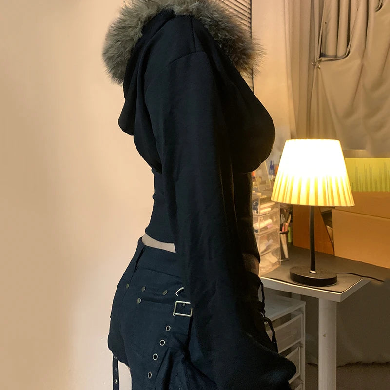 BIIKPIIK Fur Collar Hooded Women Coats Casual Zipper Slim Hoodies Simple All-match Black Harajuku Coat Autumn Winter Sweatshirts