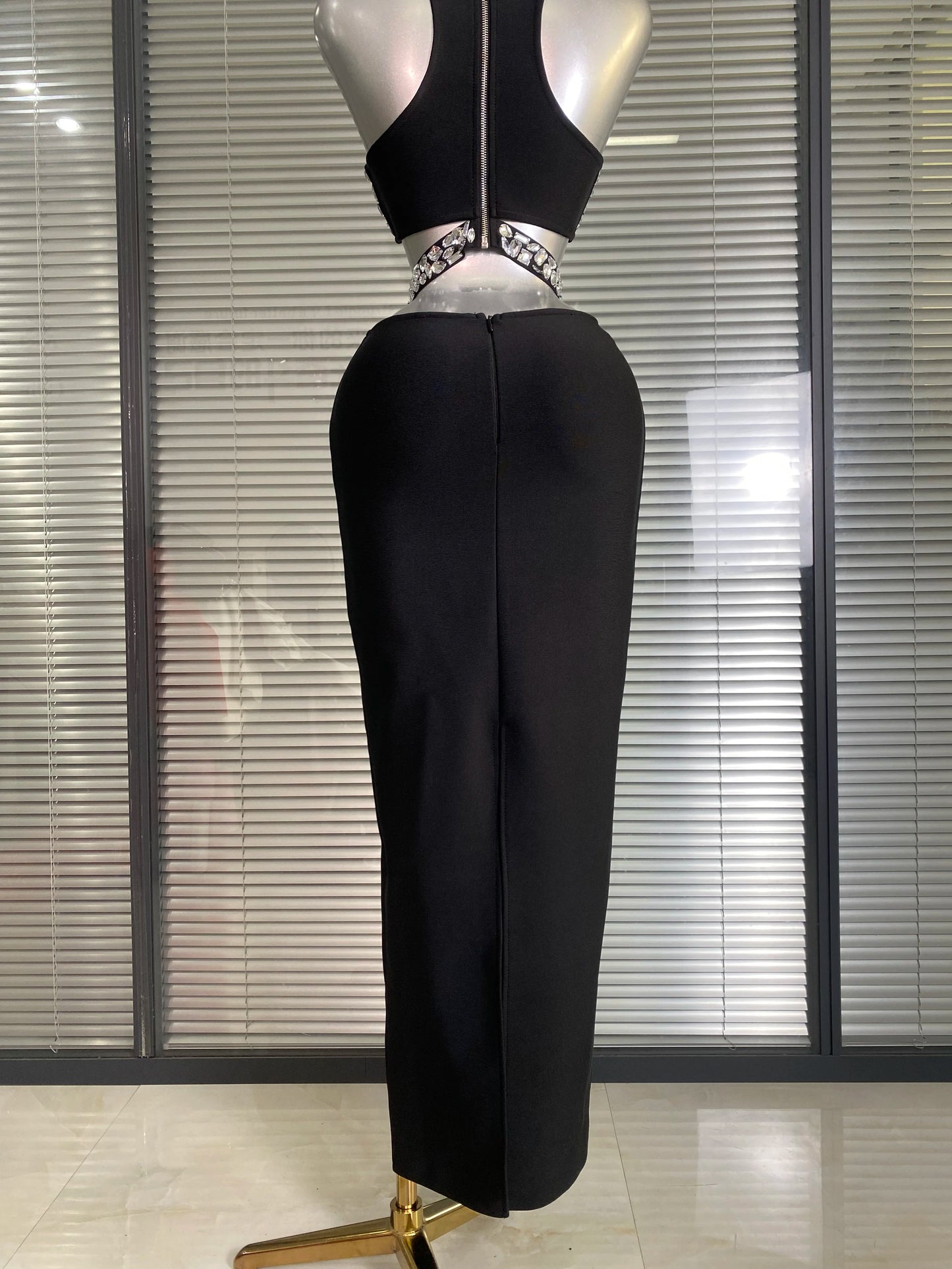 Summer New Women Sexy Sewed Crystal Diamonds Black Long Bandage Two Piece Set Celebrity Evening Party Long Skirt Suits