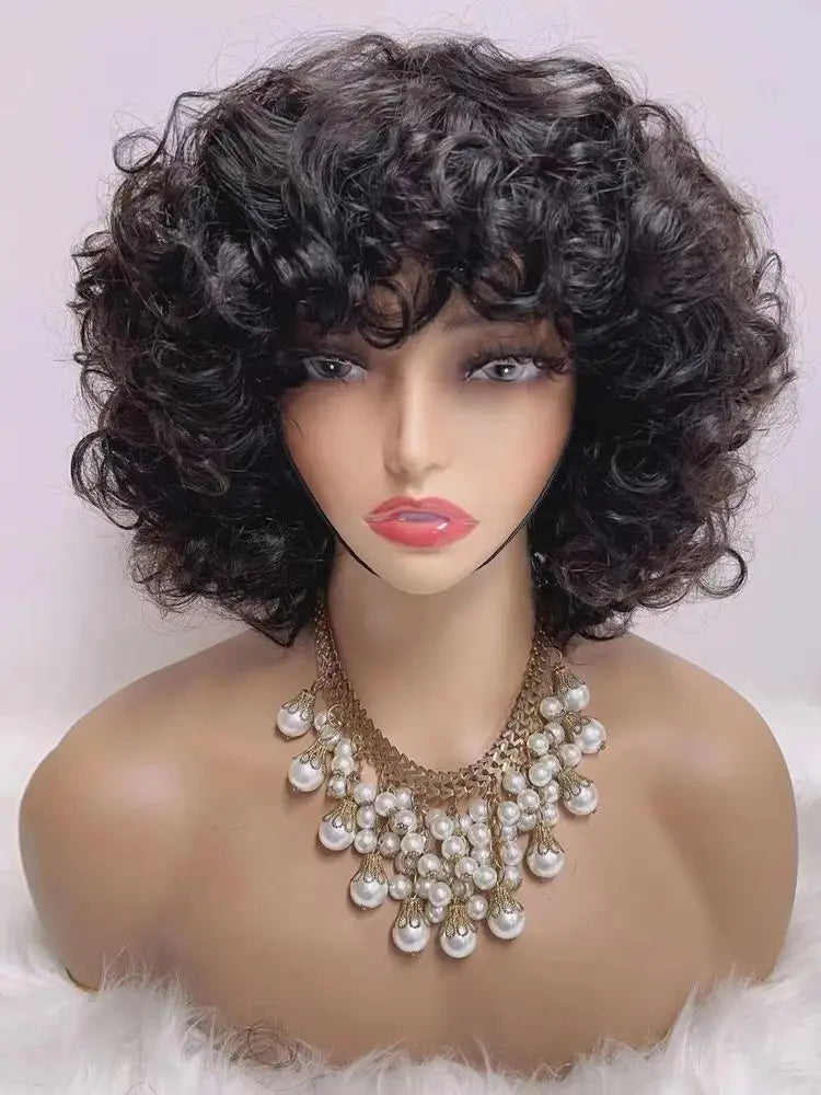 330% Density Brazilian Egg Curl Pixie Cut Wig Human Hair With Bangs Water Wave Short Bob Wig For Women Preplucked Local Delivery