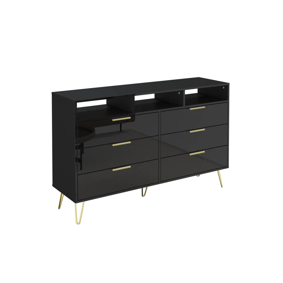 6 Drawers Dresser for Bedroom with LED Lights, High Gloss Chest of Drawers with Metal Legs, Modern Wood Closet Storage Organizer