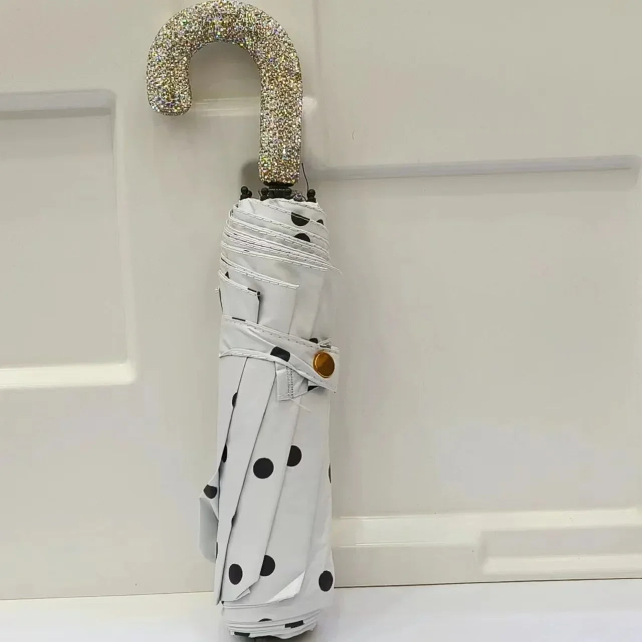 Bling Rhinestone Hook Handle Umbrella Automatic Folding Hook Handle Sunshade UV Protection Rainproof Portable Umbrella Rain Gear