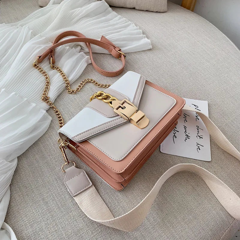 Fashion Women Chain Crossbody Bag Leisure Splice Small Square Shoulder Bag Luxury Design Messenger Bag Travel Purse and Handbag