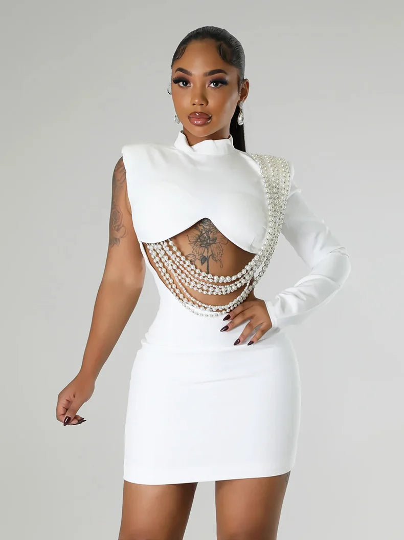 Fashiona sexy women's slim fit solid color one shoulder elegant dress pearl string party half high neck hip hugging mini dress