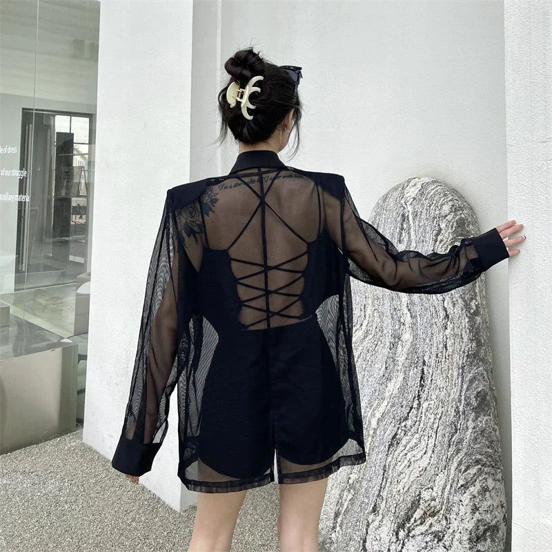 Fashion Hollow Out Mesh Patchwork Blazer for Women Y2K Korean Chic Net Long Sleeves Loose Black Coat Gothic Casual Suit Jacket