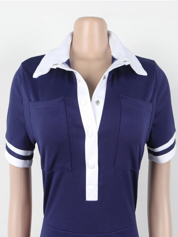 Beyprern Women's Turn-Down Collar Patchwork Wide Legs Jumpsuits Fashion Short Sleeve Stretchy Fitted Overall Night Club Outfits