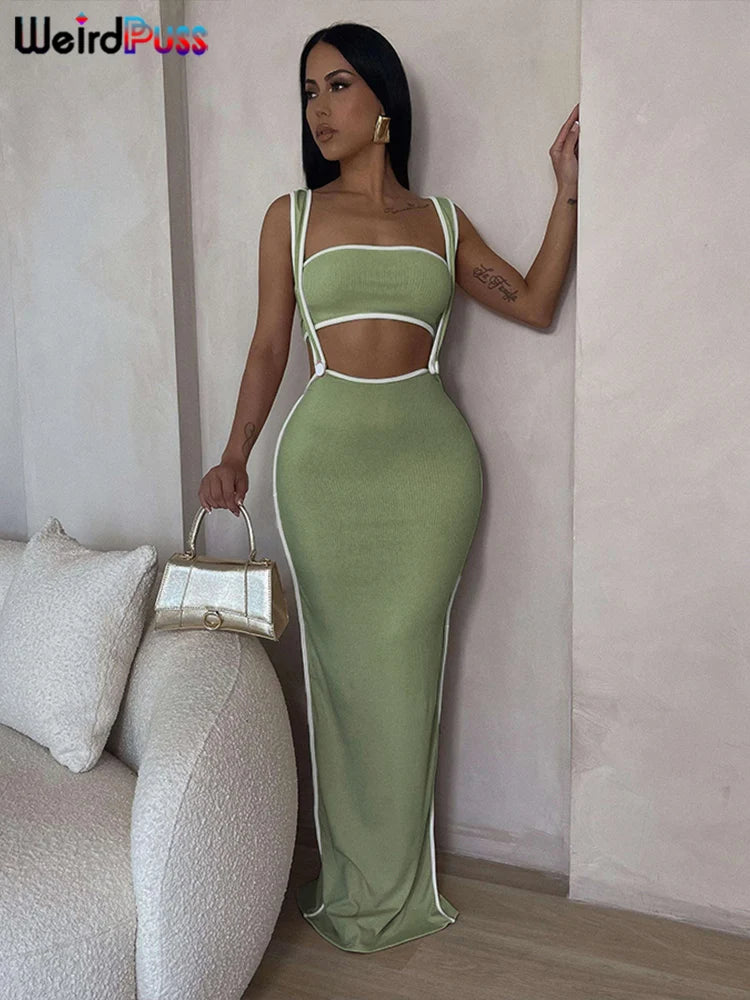 Weird Puss Summer Trend 2 Piece Set Women White Edging Strapless Tops+Shoulder Straps Dress Stretch Matching Streetwear Outfits