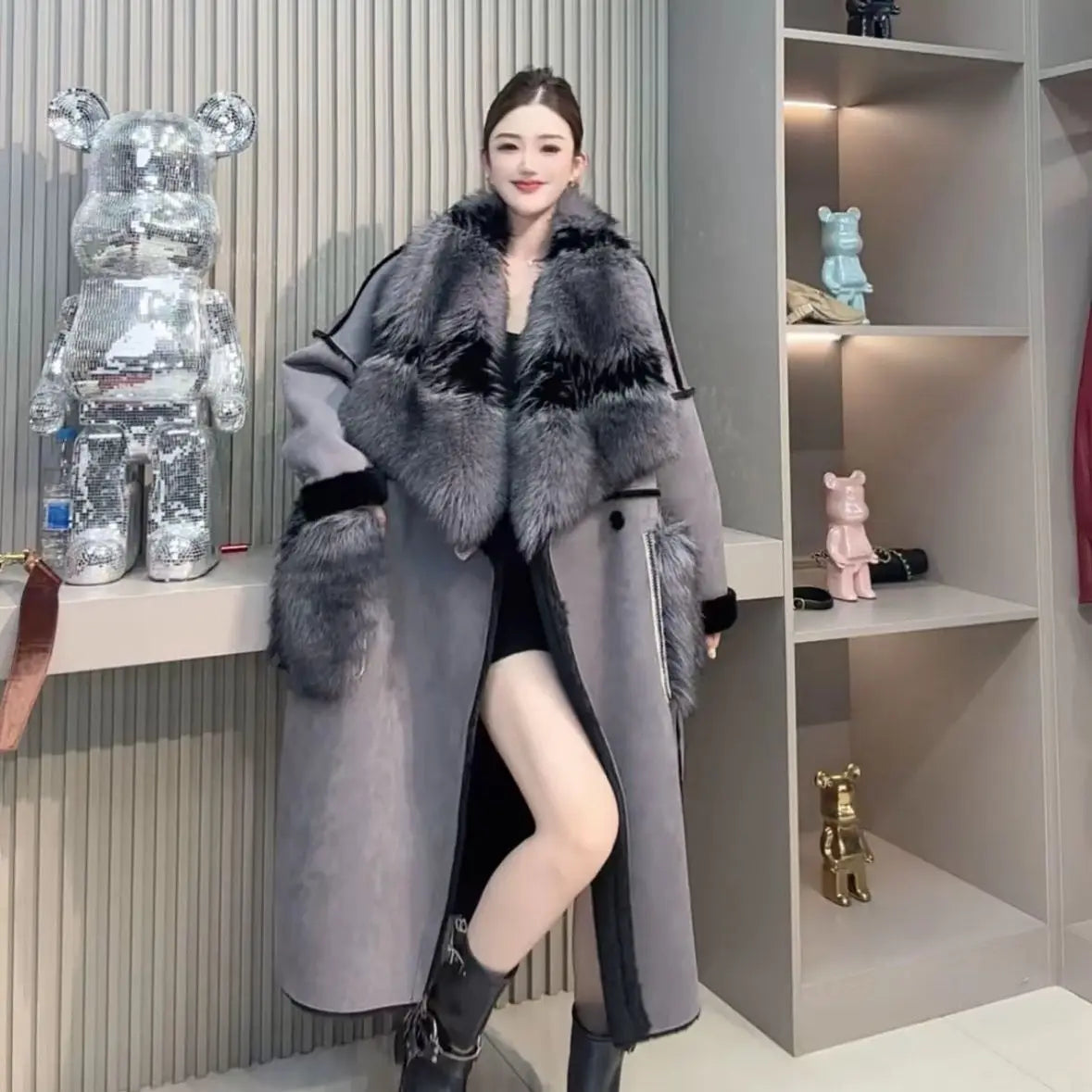 KEQIU Faux Deer Skin Furry Overcoat Thick Long Knee-Length Winter Fashion Stylish Look New