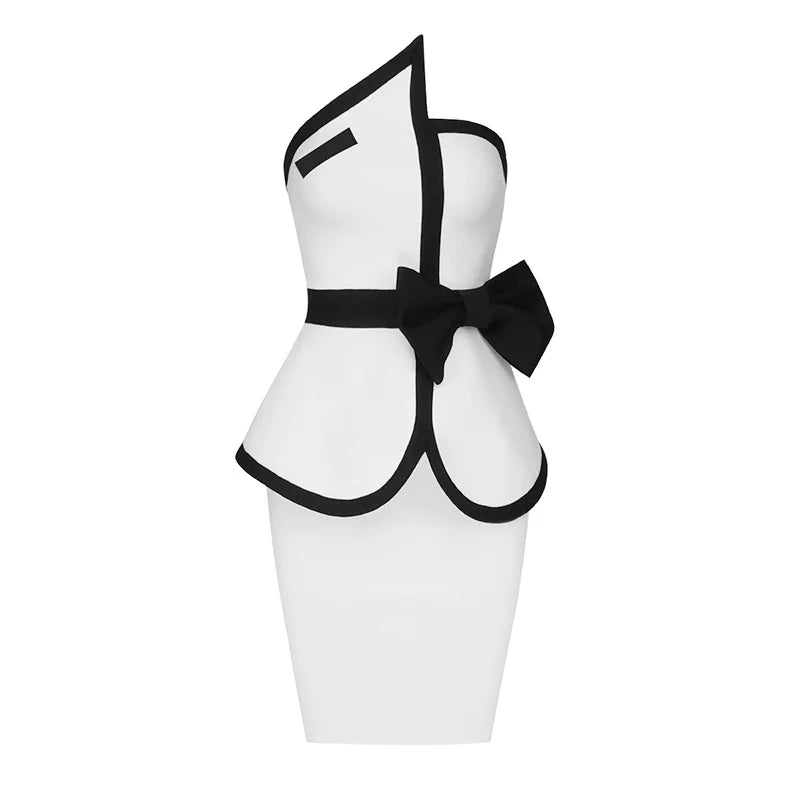New Women Summer Patchwork Bandage 2 Two Piece Strapless Sleeveless Bow Top & Mini Skirt Club Party Holiday High Street Sets