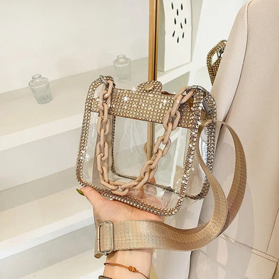 PVC Transparente Schulter Umhängetasche Strass Dicke Kette Damen Kleine Geldbörse und Handtaschen Mode Jelly Sommer Strand Tragetaschen