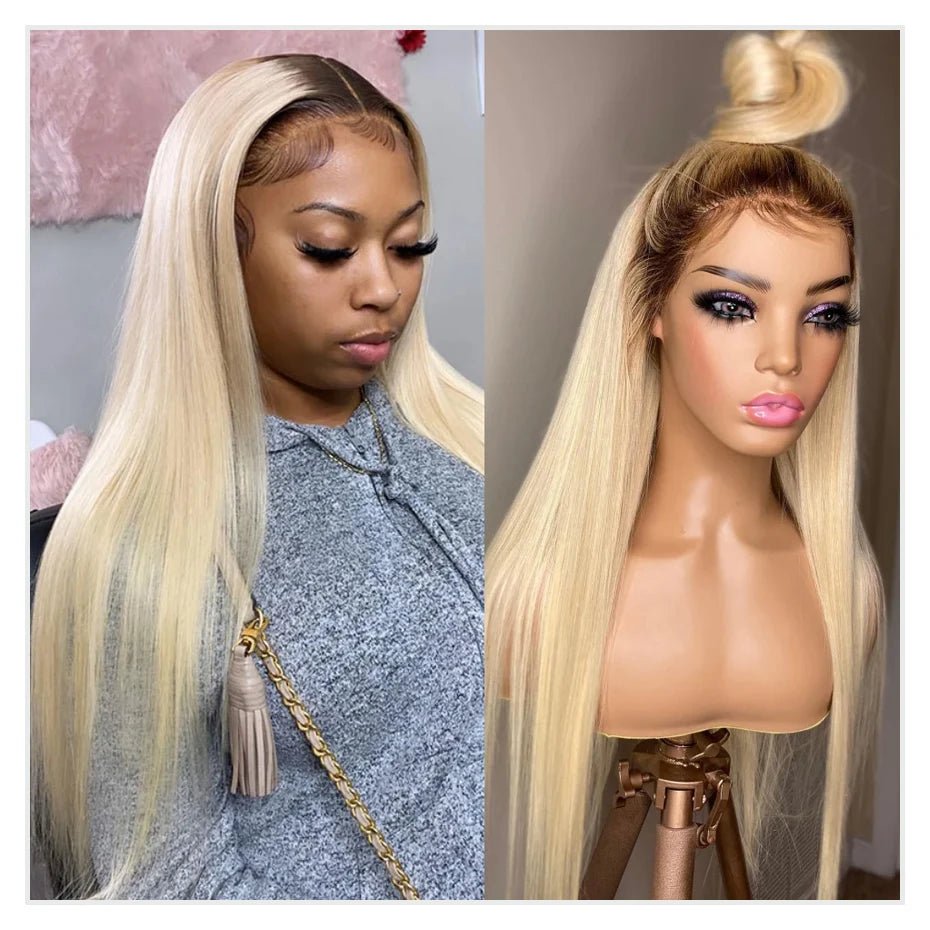 13x6 Lace Frontal Wig Brazilian Straight Human Hair Wig 2 Tone Dark Root 1B 613 Ombre Blonde Lace Front Wigs For Black Women 40" - MAGUSTA BEAUTY