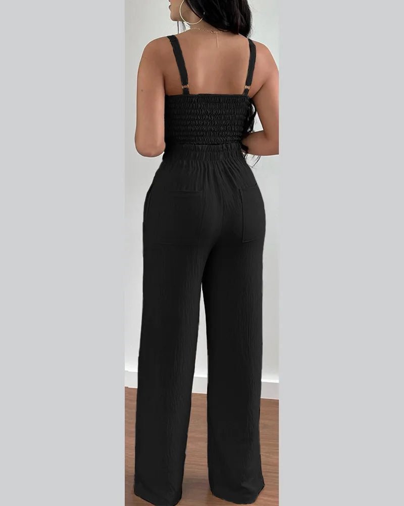 2 Piece Outfits For Women 2025 Sexy V - Neck Strap Shirred Slim Crop Top & Lace - up Wide Leg Pants Sets Elegant Office Lady Suit - MAGUSTA BEAUTY