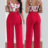 2 Piece Outfits For Women 2025 Sexy V - Neck Strap Shirred Slim Crop Top & Lace - up Wide Leg Pants Sets Elegant Office Lady Suit - MAGUSTA BEAUTY