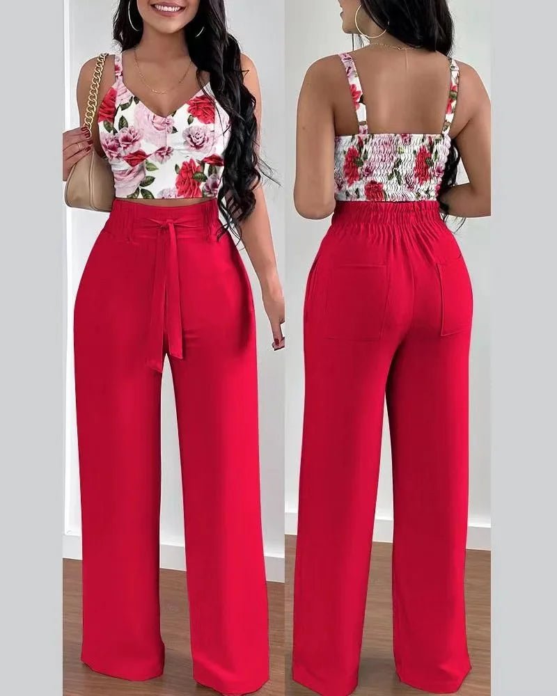 2 Piece Outfits For Women 2025 Sexy V - Neck Strap Shirred Slim Crop Top & Lace - up Wide Leg Pants Sets Elegant Office Lady Suit - MAGUSTA BEAUTY