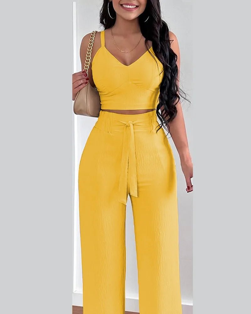2 Piece Outfits For Women 2025 Sexy V - Neck Strap Shirred Slim Crop Top & Lace - up Wide Leg Pants Sets Elegant Office Lady Suit - MAGUSTA BEAUTY