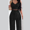 2 Piece Outfits For Women 2025 Sexy V - Neck Strap Shirred Slim Crop Top & Lace - up Wide Leg Pants Sets Elegant Office Lady Suit - MAGUSTA BEAUTY