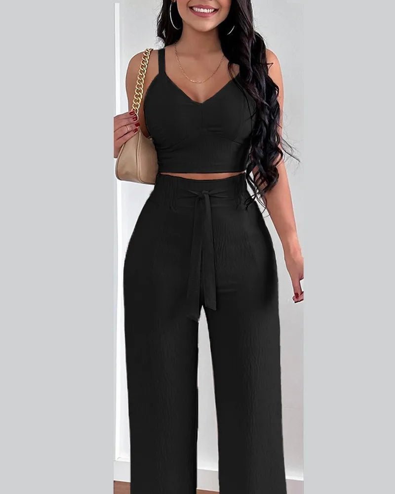 2 Piece Outfits For Women 2025 Sexy V - Neck Strap Shirred Slim Crop Top & Lace - up Wide Leg Pants Sets Elegant Office Lady Suit - MAGUSTA BEAUTY