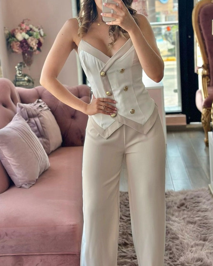 2 Piece Sets Women Outfit Sexy One Shoulder Ruched Top & Casual Straight Leg Pants Suits for Female Spring 2024 Fashion New