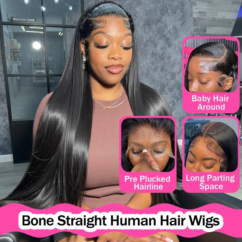 220% Bone Straight 360 Full Transparent Lace Front Human Hair Wigs 13×6 HD Lace Frontal Wig 30 40 Inch Black 100% Human Hair Wig - MAGUSTA BEAUTY