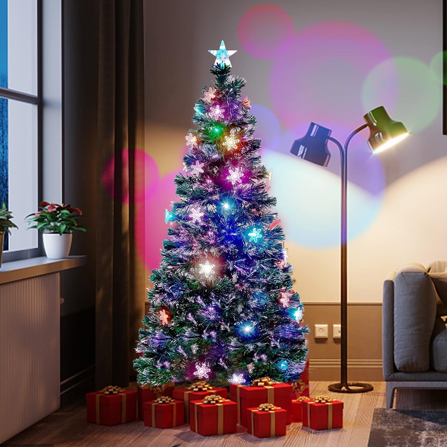 6 ft Pre-Lit Optical Fiber Christmas Artificial Tree, RGB Color Changing LED Lights, Snowflakes & Top Star, Fake Xmas Tree.