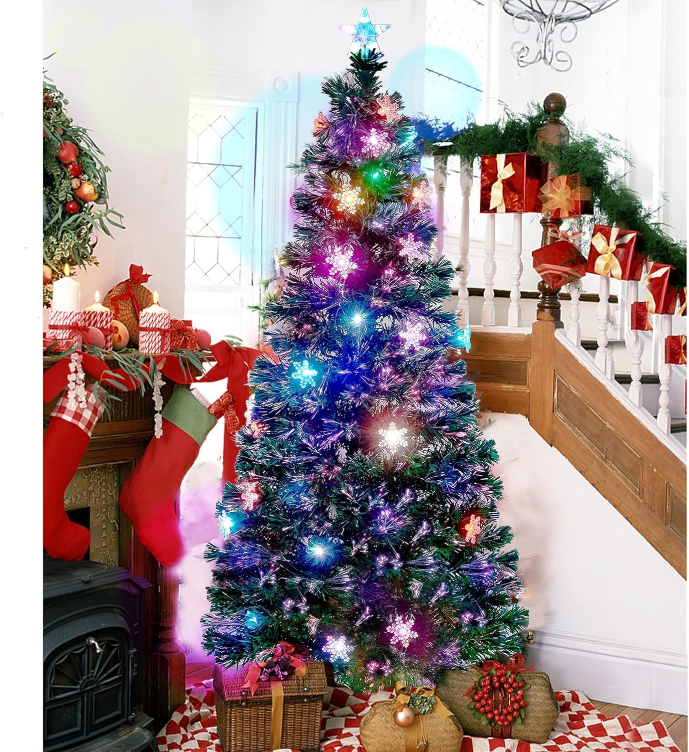 6 ft Pre-Lit Optical Fiber Christmas Artificial Tree, RGB Color Changing LED Lights, Snowflakes & Top Star, Fake Xmas Tree.