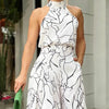 Summer women's geometric printed sleeveless pants with elegant temperament cinched waist tie up hanging neck style jumpsuit