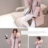 Damen Winter Parka mit Pelzkragen und Kapuze, modischer Buchstaben-Patch, Reißverschlusstaschen-Design, lange Jacke, elegant, schmal, warm, dick, Damenmäntel