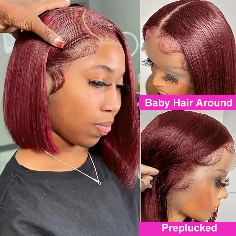 99J HD Transparent Lace Short Bob Human Hair Wigs Brazilian Burgundy Straight 13x4 Lace Front Wig For Women Pre Plucked Hairline