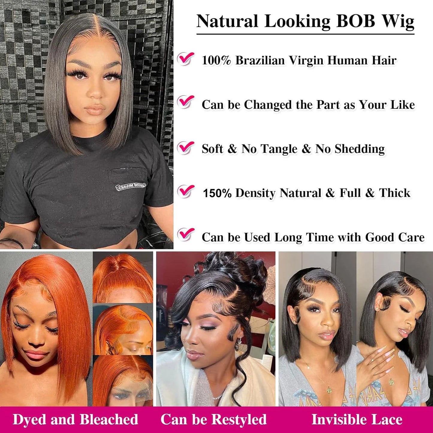 Brazilian Human Hair Wig Remy Bone Straight Hair Bob Wigs Full Machine Made Wig for Women 8-16 Inches Swiss Lace Bob Wigs 150%