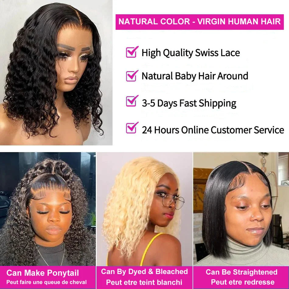 Curly Short Bob 200% HD 13X4 Lace Frontal 100% Natural Human Hair Wigs Deep Water Wave 13X4 Lace Front Wig 4x4 Closure For Women