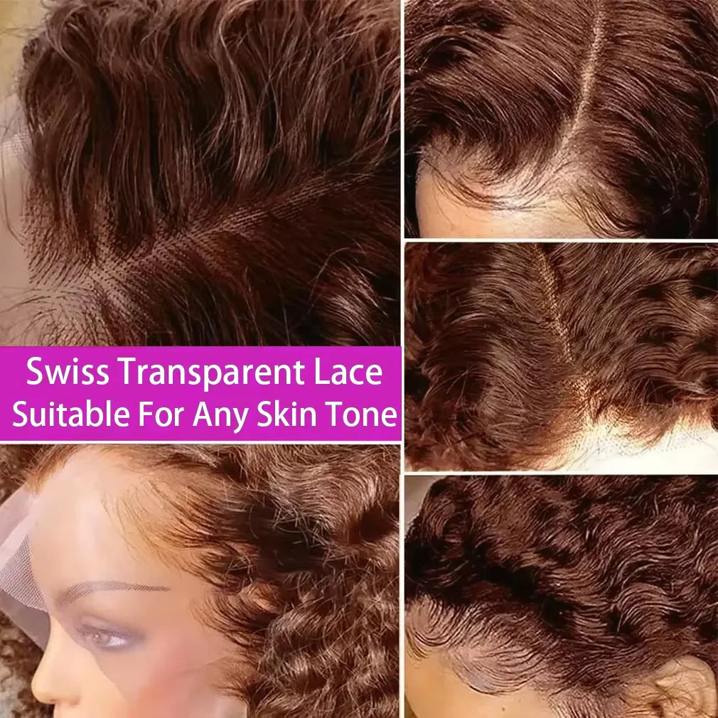 Brown Curly Lace Front Human Hair Wigs 200 Density 13x4 Full Frontal Brown Colored Deep Water Wave Wigs HD Lace Wigs