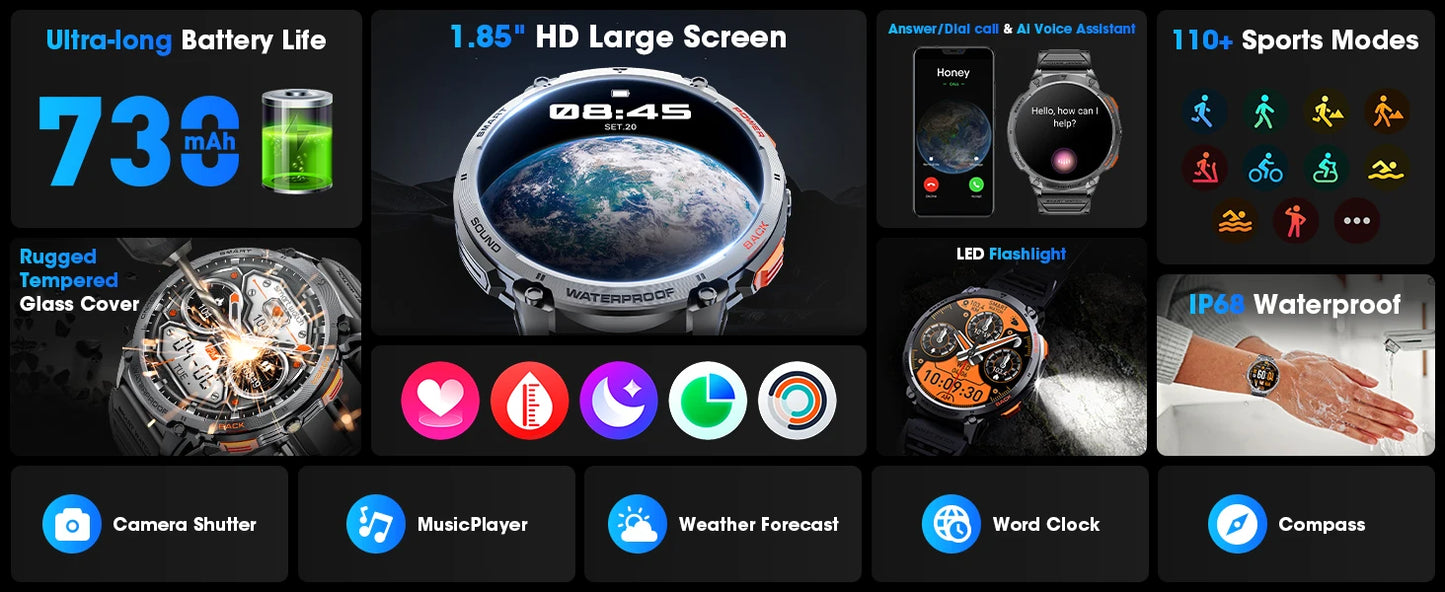 Karchilor smart watches for men 2025 Women'S Smartwatch Bluetooth Call 1.85 High-Definition Screen  Fitness Sports Waterproof