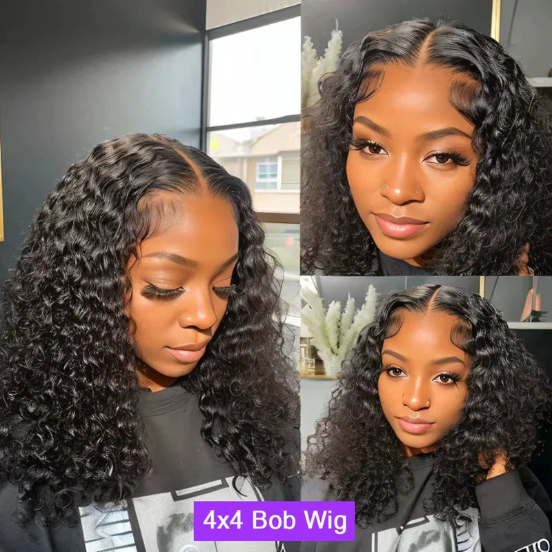 13x4 Short Bob Wig Human Hair Deep Wave 100% Brazilian Curly Human Hair Wigs Transparent Lace Front Wigs For Women Preplucked