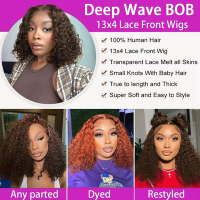 Brown Curly Lace Front Human Hair Wigs 200 Density 13x4 Full Frontal Brown Colored Deep Water Wave Wigs HD Lace Wigs