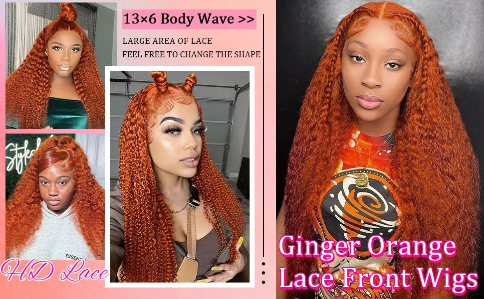 350# 13x6 200 Density 350 Ginger Orange 30 40 inch Lace Front Wig Human Hair Wigs 13x4 HD Lace Frontal Curly Wig For Woman