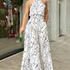 Summer women's geometric printed sleeveless pants with elegant temperament cinched waist tie up hanging neck style jumpsuit