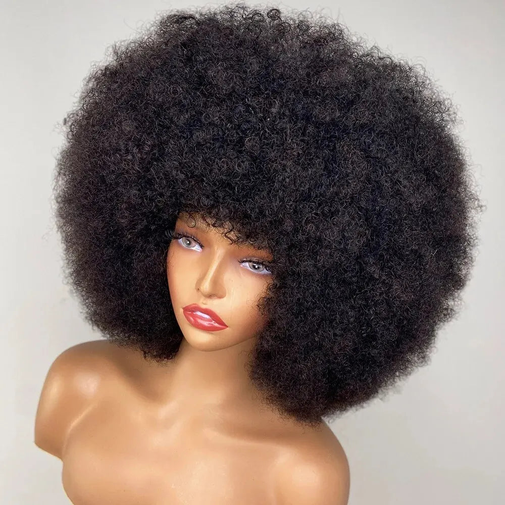Short Afro Kinky Curly Human Hair Wig With Bangs Fluffy Natural Bob Wigs Brazilian Full Machine Made Wigs On Sale  180% Density